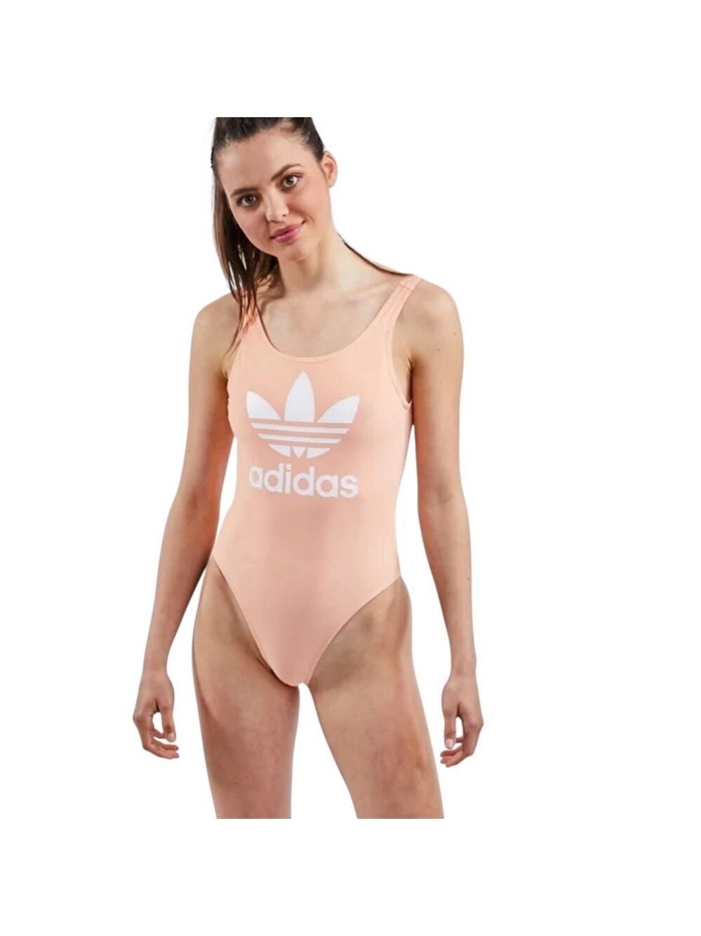 Adidas Trefoil Coral One-Piece Swimsuit White Logo Size Large Sporty Fit Beach